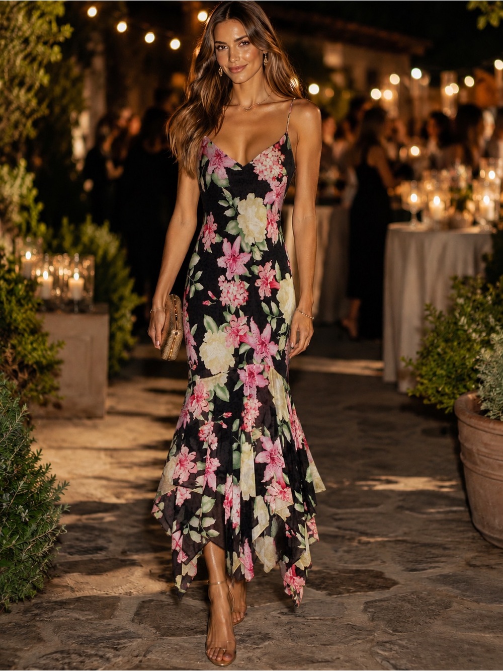 Y2K Lauren Ralph Lauren Bias Cut Silk Dress with Floral Print & Ruffles